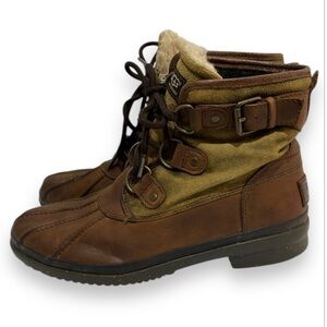 Ugg Women's Boots Cecile Duck Leather Suede Size 7 Brown Chestnut Buckles Laces